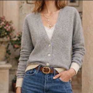 Agnes b. Grey Lambswool Cardigan Contrast Trim V-Neck Button Front Sweater